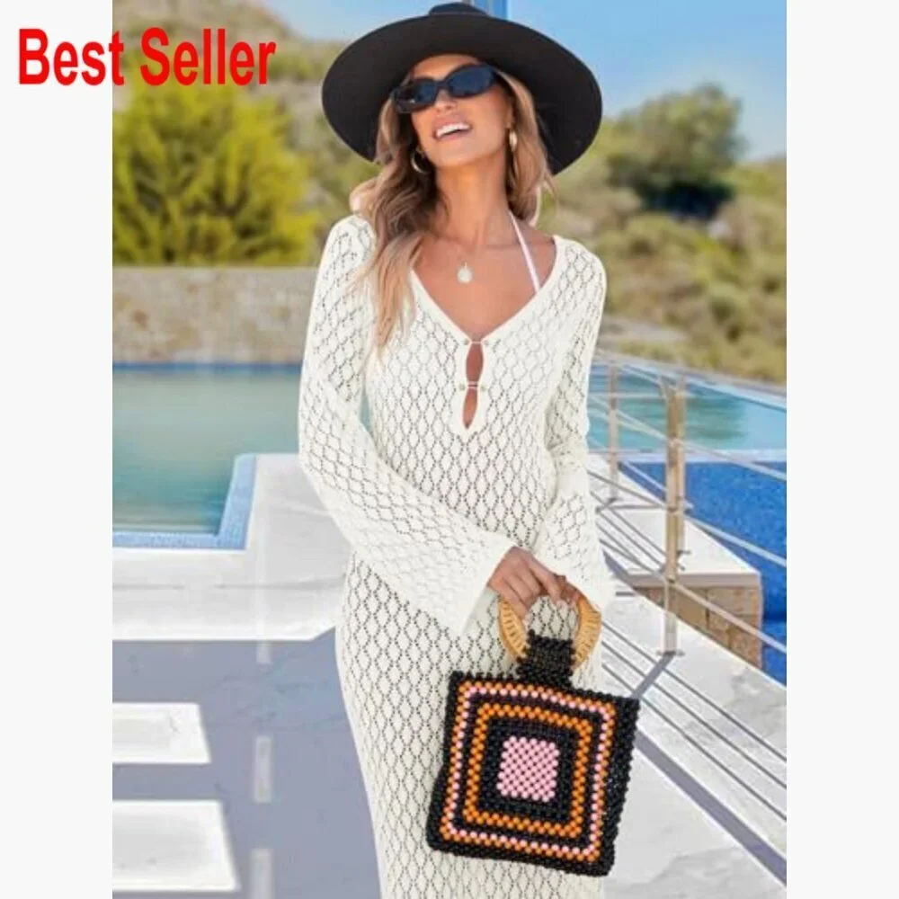 Acrylic Knit Crochet Cover Up Beach Dress V-Neck Hollow Out